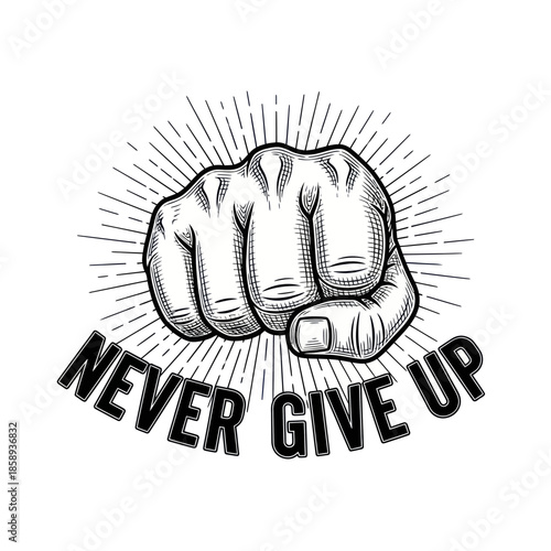 Clenched Fist with Never Give Up Text.