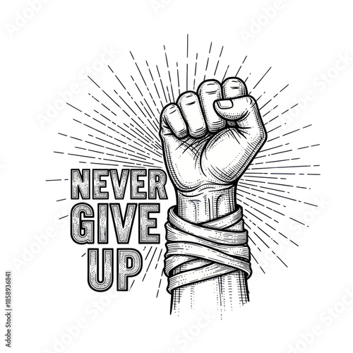 Clenched Fist with Bandage and Motivational Text.