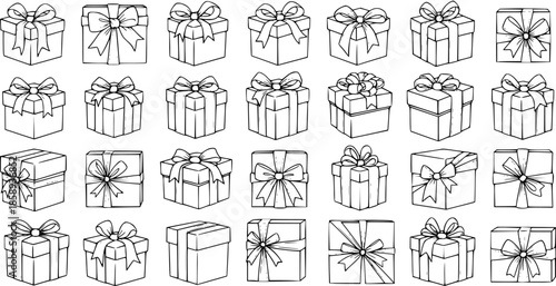 Black and White Line Art Collection of Assorted Gift Boxes with Ribbons and Bows