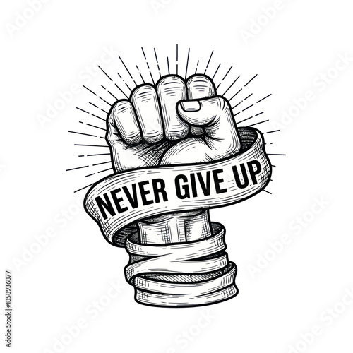 Clenched Fist with Never Give Up Banner.