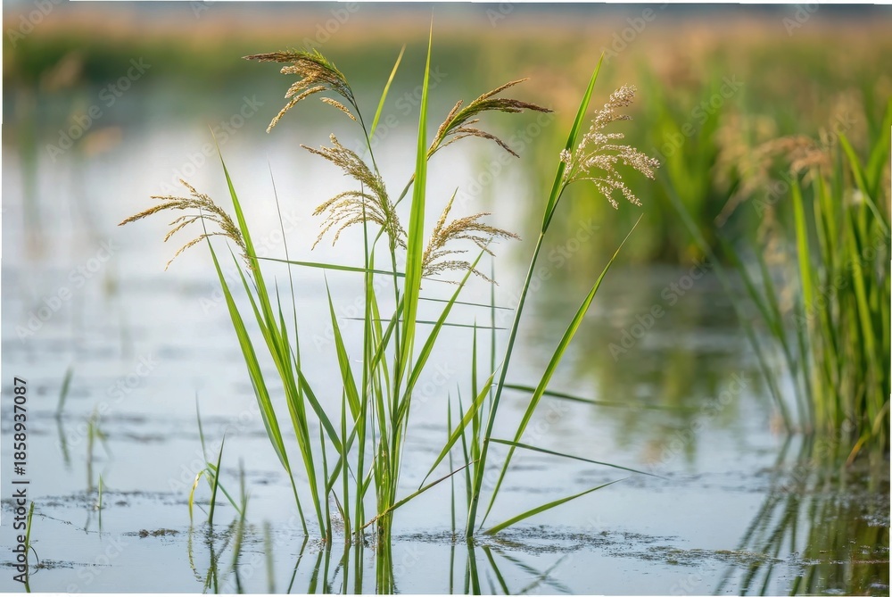 Obraz premium A close-up photograph of wild rice (Zizania palustris) growing in a shallow freshwater lake, tall slender green stalks rising from calm water,