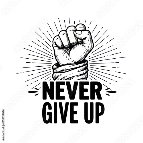 Clenched Fist with Never Give Up Text.