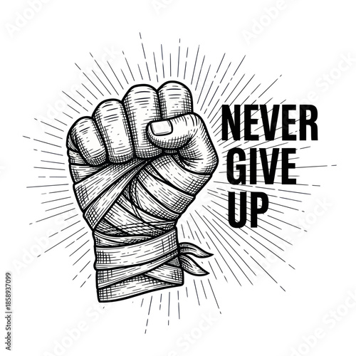 Clenched Fist with Bandage and Never Give Up Text.