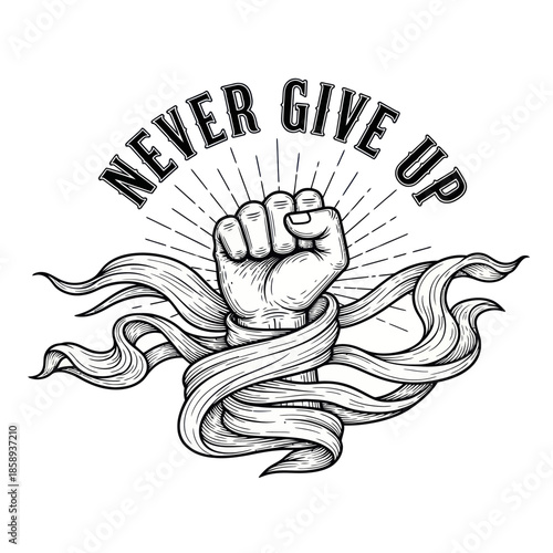 Clenched Fist with Ribbon and Text.