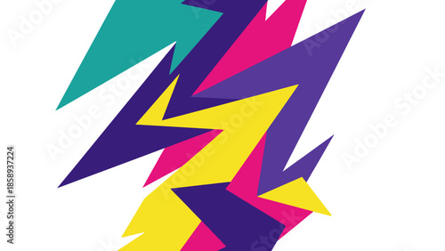 Geometric abstract background with sharp, angular shapes in vibrant, contrasting colors like cyan, yellow, magenta, and purple, evoking energy and dynamism