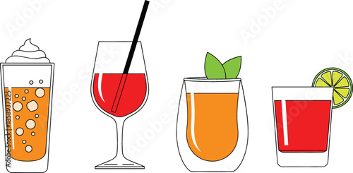  Set of colorful cocktail and mixed drink vector illustrations, refreshing summer beverages with lime and garnishes for bar menus and party invitations.