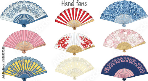 Set of decorative hand fans vector illustrations with Japanese folding fans, Spanish flamenco abanicos, and Chinese oriental paper fans featuring floral and geometric patterns.