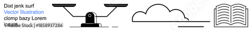Balance, knowledge, information, justice, weather, education. A set of scales, a cloud shape and an open book with text. Balance and knowledge concept
