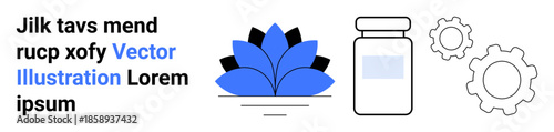 Wellness, medicine, healthcare, productivity, innovation, balance. Blue abstract flower, medicine bottle and gear outlines on a clean background. Wellness and healthcare concept