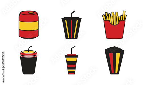 Cinema Snack Icon Set – Soda Can, Soft Drink Cups, French Fries and Popcorn in Red Yellow Black