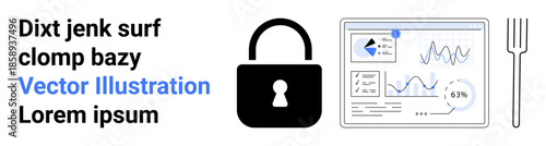 Data security, digital privacy, analytics tools, safeguarding information, cybersecurity, secure access. A lock symbol next to a data dashboard with graphs and metrics. Data security and digital