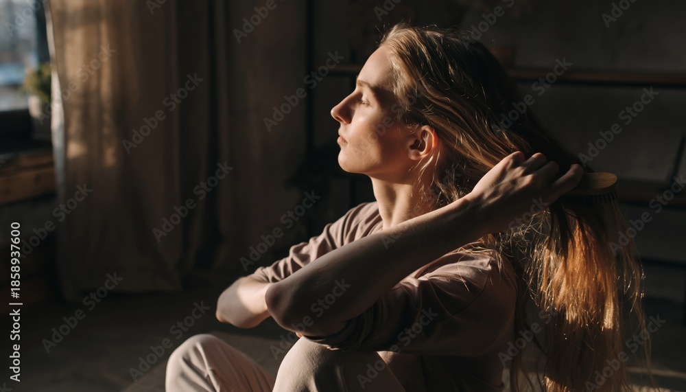 Fototapeta premium A woman with long blonde hair sits in profile, illuminated by warm sunlight, touching her hair.