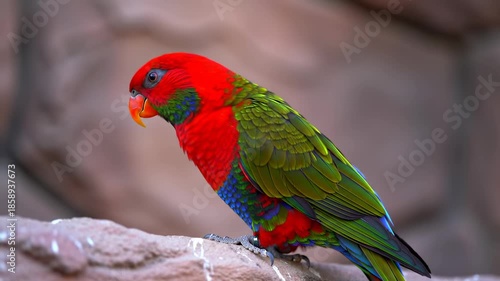 A colorful parrot perches, showcasing vibrant red, green, and blue plumage