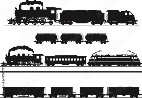 Set of four diverse black train silhouettes, including steam and electric locomotives with cargo, passenger cars, tank wagons, and freight carriages, isolated vector illustration.