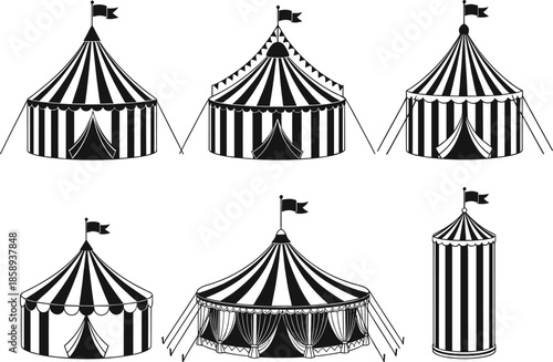 Set of vintage circus tents in black and white, classic carnival big top designs, retro festival marquee illustrations, striped fairground structures, vector collection