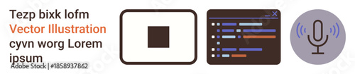 Software development, user interface, programming, voice recognition, coding education, sound recording. Square placeholder, code editor microphone icon. Programming and user interface concept