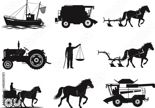 Silhouette collection of fishing boat, tractor, combine harvester, horse plowing scenes, farmer figure and horse carriage showcasing traditional and modern agriculture elements, vector illustration