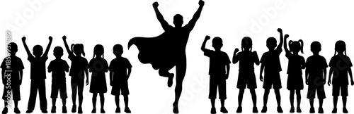 Silhouette illustration of a heroic figure running with cape surrounded by cheering children, inspiring teamwork, leadership, motivation, unity, empowerment in bold vector design