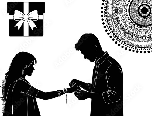Silhouette illustration of brother tying rakhi for sister during Raksha Bandhan celebration with gift box and decorative mandala design for festive vector artwork