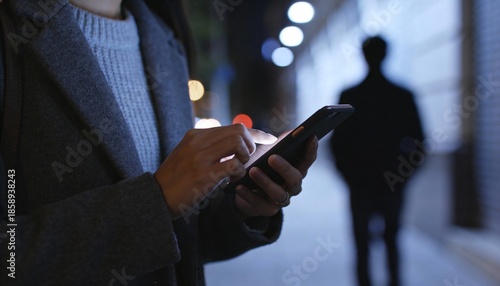 Close-up of a person using a glowing smartphone screen at night on a street while a shadowy figure looms in the blurred background.