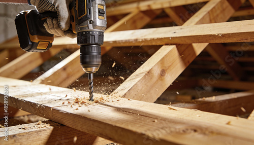 Close-up of a gloved hand using a cordless drill to bore into structural wood, scattering sawdust.