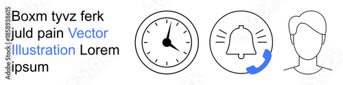 Time management, alerts, user profiles, task reminders, scheduling, communication. Clock, notification bell with phone icon user outline. Time management and alerts concept