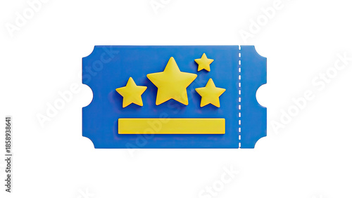 Blue ticket with yellow stars and a blank space on transparent background