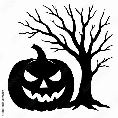 Pure black silhouette of pumpkin and bare tree, Halloween seasonal mood, eerie composition