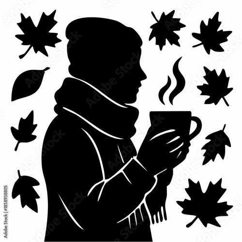 Silhouette vector of person wearing scarf holding cup, cozy autumn lifestyle mood