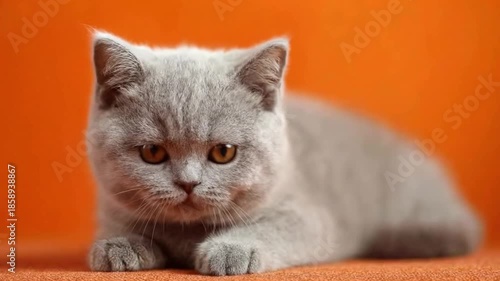 A charming domestic cat with soft, plush grey fur and striking amber eyes lies calmly against a vibrant orange background. The adorable feline subject appears relaxed and content, occasionally looking