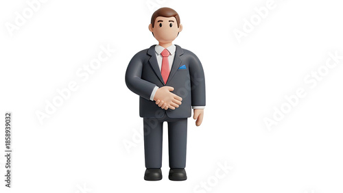 3D Cartoon businessman in a suit with a red tie on transparent background