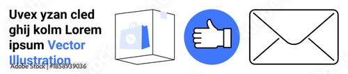 Communication, messaging services, approval, packaging, digital content, branding. A thumbs-up icon, mail envelope and transparent box on white. Communication and messaging services concept