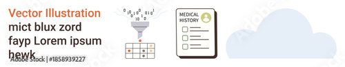 Cloud computing, data filtering, recordkeeping, healthcare systems, information security, backup storage. Funnel filtering data, medical record sheet and cloud icon. Cloud computing and data