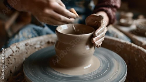A captivating close-up shot reveals an artisan's skilled hands diligently working with wet, pliable clay on a rapidly spinning potter's wheel, meticulously shaping a piece of ceramic art. The scene be
