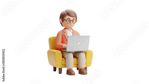 3D Character Sitting in Yellow Armchair with Laptop on transparent background