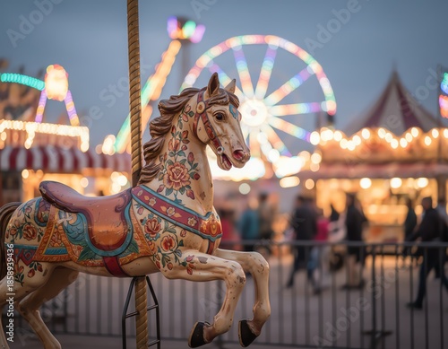 Vintage carousel horse at a carnival setting