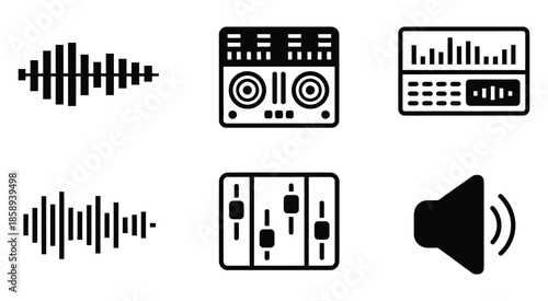 Set of Black and White Audio Equipment Icons for Sound Production and Control, Including Mixer Boards, Microphones, Headphones, Speakers, Equalizers, Vector Graphics