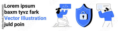 Cybersecurity, data privacy, online safety, information security, coding, visual communication. A person coding, a shield with a lock and another viewing data. Cybersecurity and data privacy concept