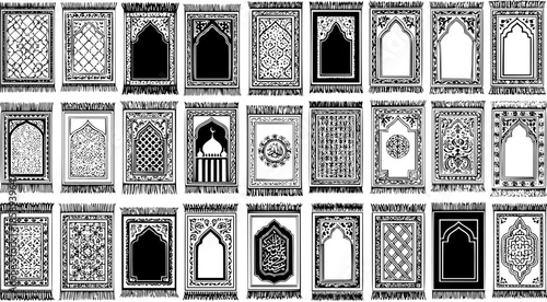 Black and White Line Art Vector Set of Islamic Prayer Mats with Traditional Patterns, Perfect for Religious and Cultural Designs.