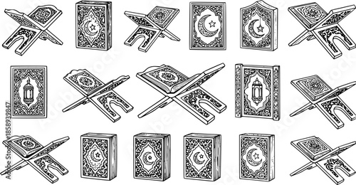 Islamic Book Stands and Quran Icon Set - Black and White Line Art Vector Illustration