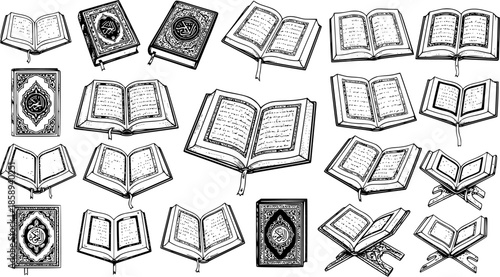 Islamic Books and Holy Quran, Black and White Line Art Vector Illustration