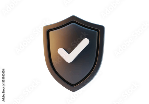 A robust 3d rendered dark grey shield featuring a prominent white checkmark, symbolizing secure protection