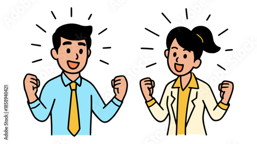 cartoon businessman and businesswoman winning success celebrate flat color vector illustration template design