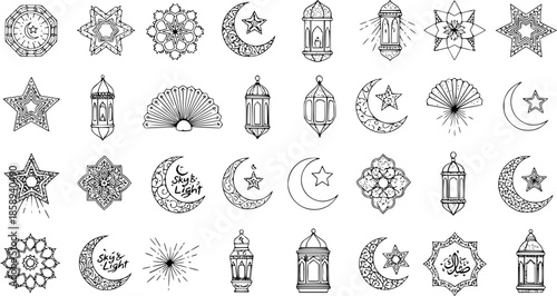 Ramadan Islamic Symbols Collection: Crescent Moon, Stars, Lanterns, Mandalas in Black and White Line Art