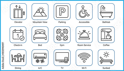 Set of 16 black line icons for hotel amenities and guest services, ideal for vector illustration content