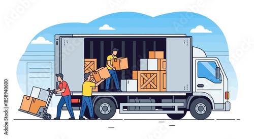 Workers loading boxes and crates into the back of a large delivery truck.