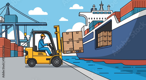 A forklift operator loads boxes onto a large cargo ship at a busy port.