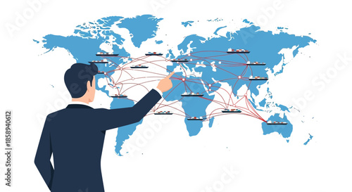 Businessman pointing at a world map showing global shipping routes and trade connections.