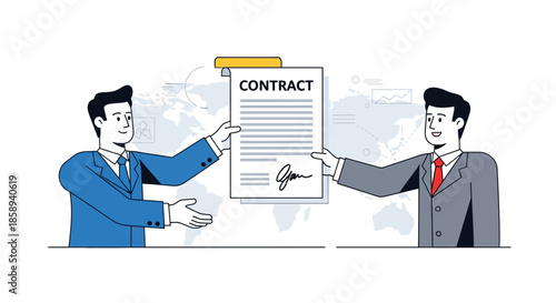 Two businessmen in suits are holding a contract document between them, symbolizing a business agreement.