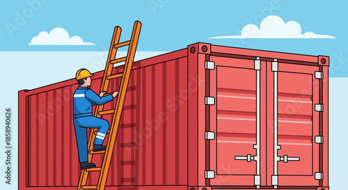 A worker in a blue uniform and yellow hard hat climbs a wooden ladder against a large red shipping container.